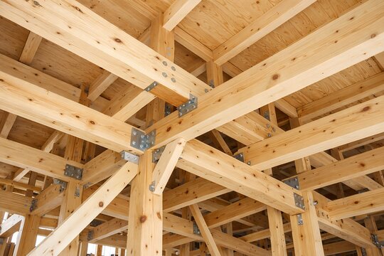 新築住宅の建設現場で見られる木造建築の美しい構造と骨組み