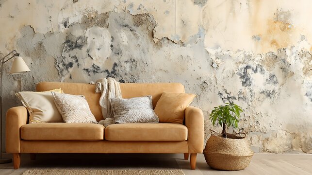 A sofa with pillows and a plant sit against a damaged wall, with a lamp to the left