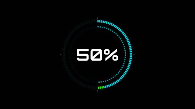 50 percent HUD futuristic circular progress bar animation on black alpha channel background