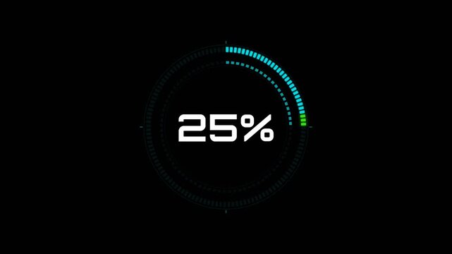 25 percent HUD futuristic circular progress bar animation on black alpha channel background