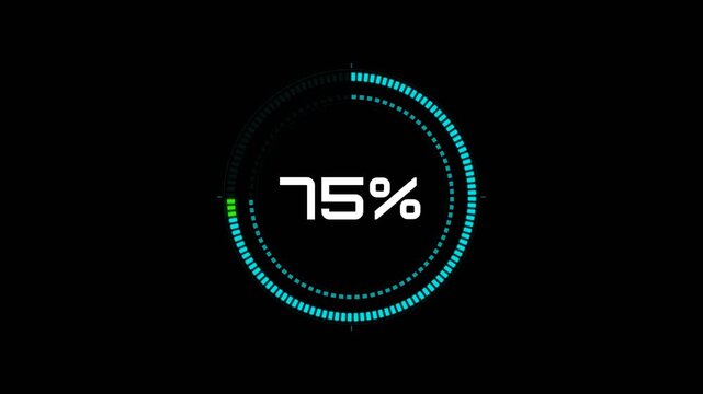 75 percent HUD futuristic circular progress bar animation on black alpha channel background