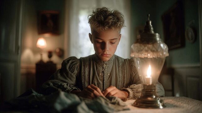 Concentrated boy sewing clothes sitting at a wooden table illuminated by the warm light of an oil lamp, in a vintage style interior