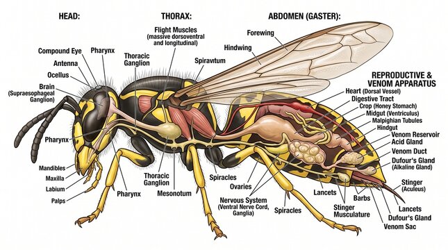Detailed wasp anatomy diagram with internal organs, scientific insect cross section illustration, biological wasp structure with labels