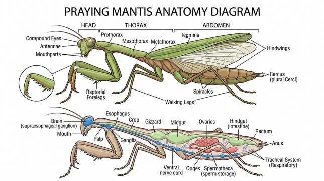 Praying mantis anatomy diagram, detailed insect biological structure with labels, educational entomology poster showing internal and external organs