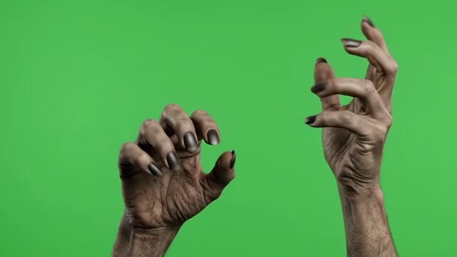 Creepy dirty zombie hands with long sharp claws reach and claw on a green screen background. This terrifying monster animation is perfect for horror films