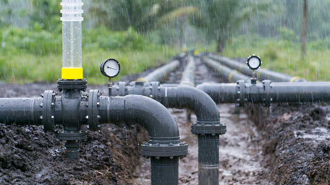 Industrial pipeline installation with pressure gauge and flow meter under heavy rain, showcasing robust infrastructure in a natural, muddy outdoor setting