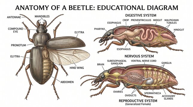 Anatomy of a Beetle: Educational Diagram, detailed insect biology illustration, scientific entomology study, beetle internal and external body systems for learning