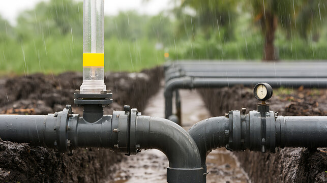 Industrial water pipes and pressure gauge in muddy trench during a heavy rain storm, showcasing outdoor utility infrastructure with environmental elements
