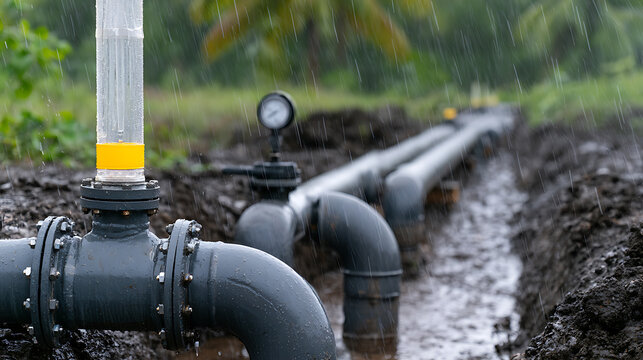 Industrial pipeline system with pressure gauge and flow meter in a muddy trench under heavy rain in a natural outdoor setting