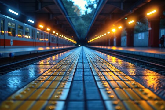 Wet tactile paving with yellow stripes reflecting warm lights on a train platform at dusk