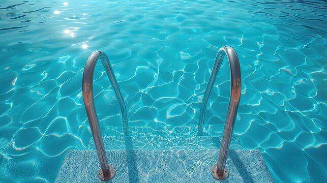 Metal grab bars of a swimming pool invite for a refreshing dip in the crystalline turquoise water