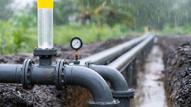 Industrial pipeline system with pressure gauge and flow meter immerse in rain, depicting infrastructure development and liquid transport