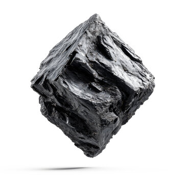 Single raw natural black coal stone piece or charcoal rock cube with rough texture levitating isolated on a clean white background, mining industry or energy power concept