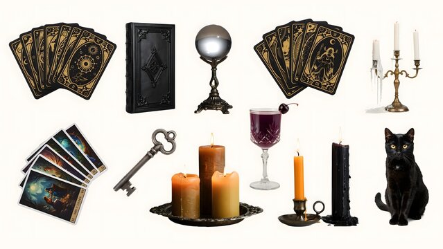 Halloween magic items collection. Witchcraft supplies and occult objects on white background.