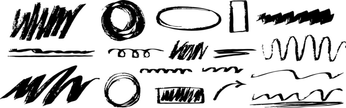 Hand drawn scribble brush stroke line set black vector doodle circle oval rectangle arrow underline highlight mark abstract shape graphic sign collection isolated transparent background