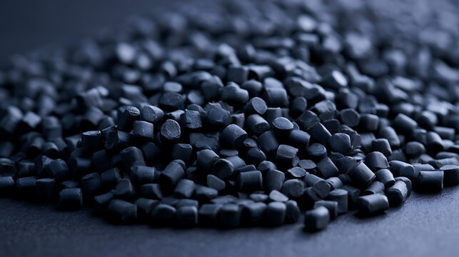 A close-up view of dark plastic polymer granules or pellets, showcasing raw material for manufacturing, industrial production and recycling background