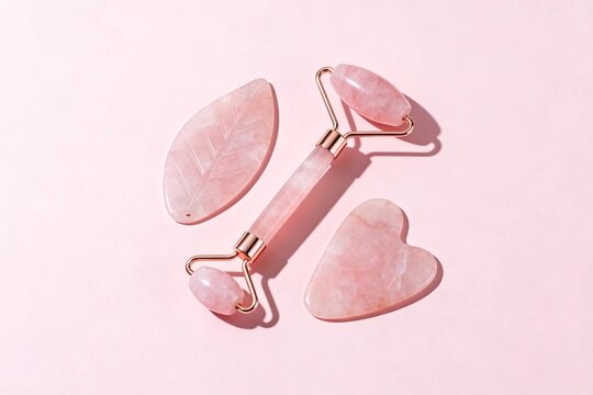 Rose quartz facial roller and gua sha stones on pink background