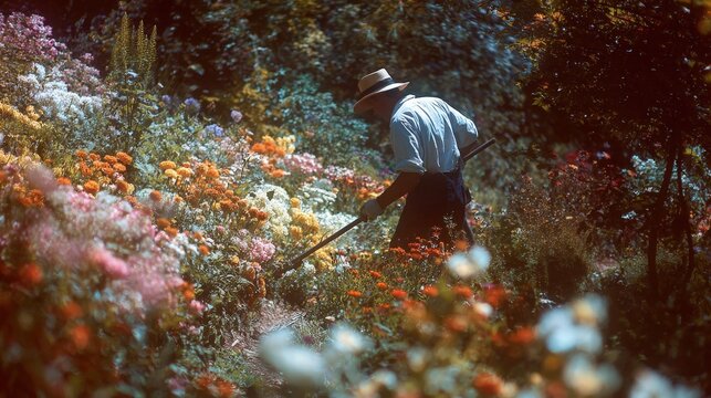 Gardener raking colorful flowers on a sunny day in botanical garden