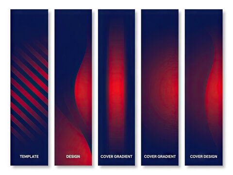 Five vertical banners with red and blue gradients
