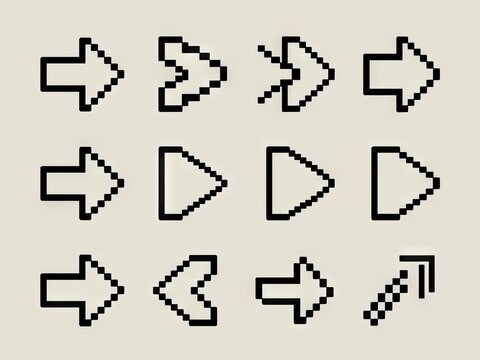 Twelve pixel art arrow icons on beige background