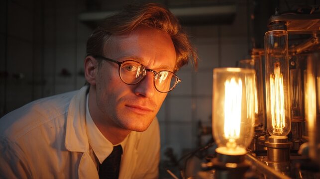 Scientist observing glowing light bulbs during experiment in laboratory