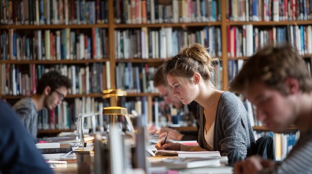 University students taking notes and reading books while sitting at a table inside a public library