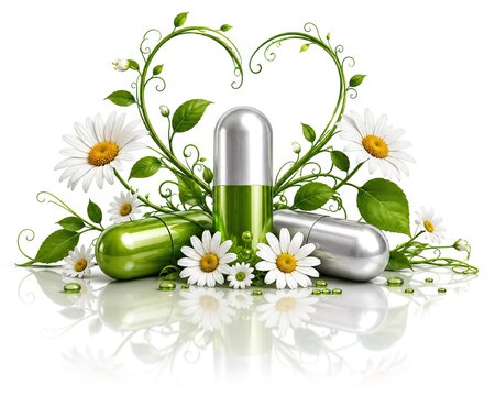 Herbal capsules with daisy heart wreath on reflective whit