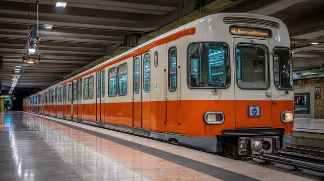 Orange and white subway train waiting at the station platform in Munich