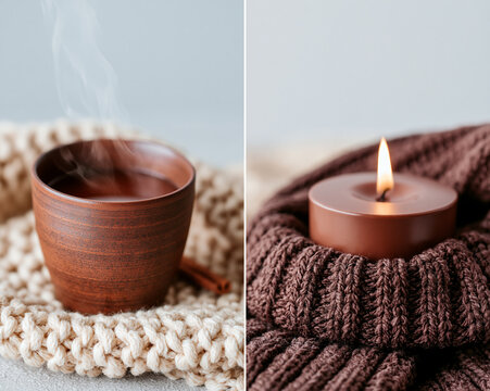 A cozy autumn diptych pairs a steaming rustic ceramic cup on a cream knitted blanket with a glowing candle nestled in soft brown knitwear.