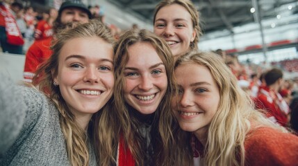 Obraz premium Four cheerful young women taking selfie while enjoying sports event at stadium