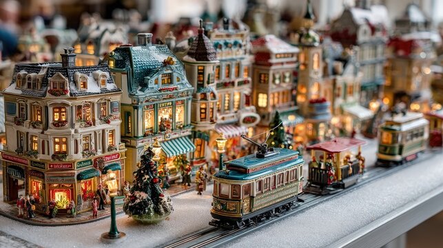 Miniature christmas village with illuminated buildings, snow covered streets, and a moving tram, creating a festive holiday atmosphere