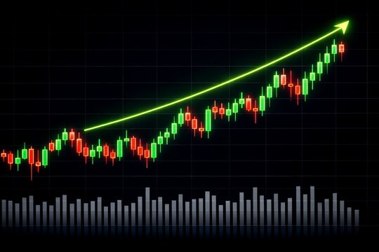 株価と市場成長を示すローソク足チャートの金融ビジネスイメージ