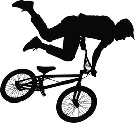 Fototapeta premium Silhouette of a bmx rider performing a high jump trick with a bicycle against a clean white background isolated
