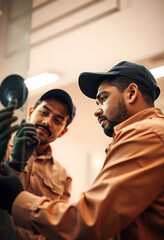 Obraz premium Two male technicians in uniform and caps working together, focused on a task with a tool, Teamwork and collaboration