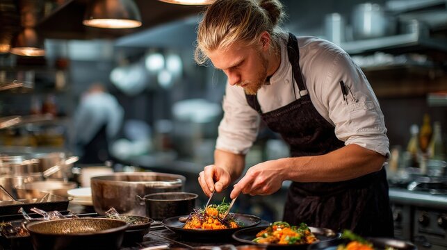 Chef garnishing delicious meal in a professional kitchen, preparing food for service