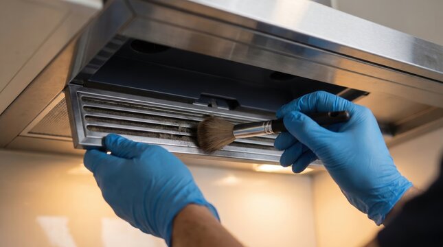 Person wearing blue gloves using a brush to clean the metal filter of a kitchen range hood