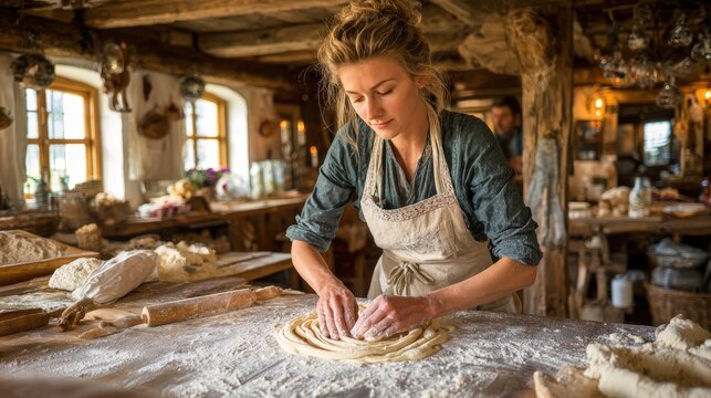 Woman making pasta in rustic kitchen, kneading dough on wooden table