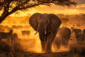Obraz premium African elephant herd at golden sunset with zebras and wildebeest