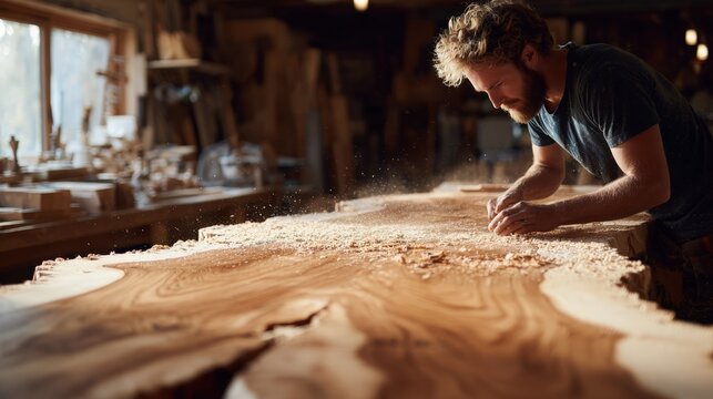 Carpenter cleaning wood plank in his workshop with sawdust particles floating in air