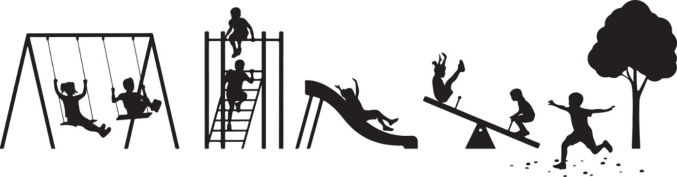 Black silhouette of children playing on a playground with swings, a slide, a seesaw, and a climbing frame on a white background