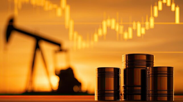 Oil pumpjack and barrels in front of a glowing stock market graph