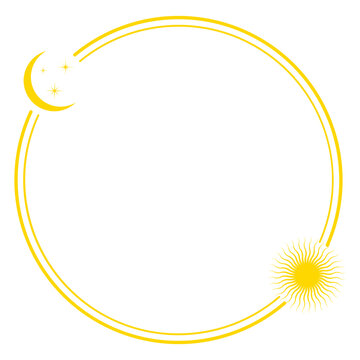 Illustration of round frame with sun and moon on white background.