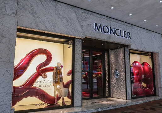 The retail shop of Moncler in Hong Kong. Moncler S.p.A. is an iconic Italian luxury fashion brand renowned for its high-end outerwear and down jackets.