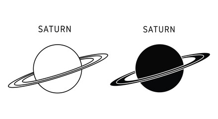 Saturn Planet With Rings Black And White Vector Silhouette celestial © Dino A