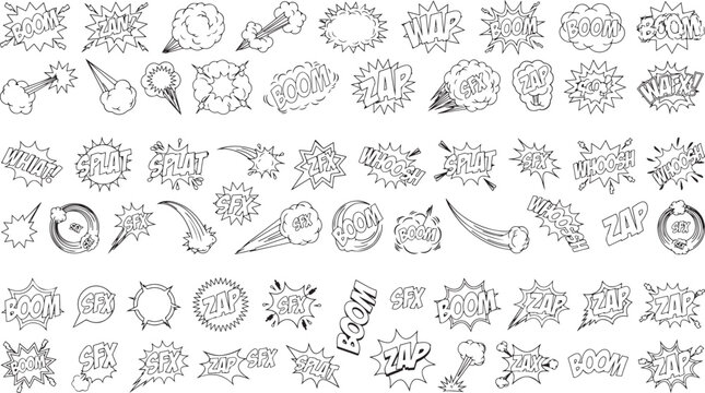 Collection of comic book style speech bubbles and sound effect text featuring various explosive shapes and action words on white background