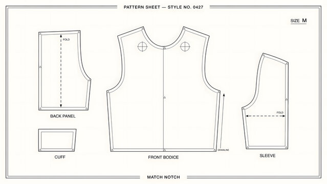 Sewing pattern sheet for a garment with bodice and sleeve pieces isolated on a transparent background