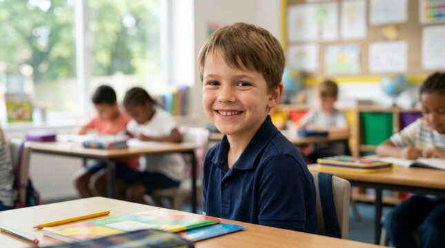 Smiling young boy sitting at a desk with notebooks in a bright classroom. Happy elementary student during a lesson with diverse classmates