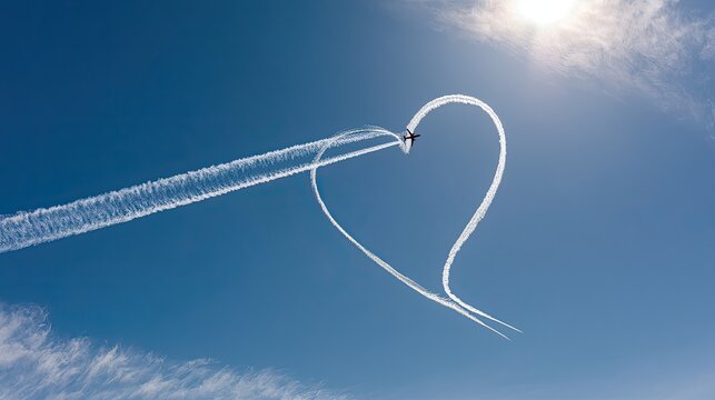 A lone jet streams across a clear blue sky, drawing a large white heart with its exhaust
