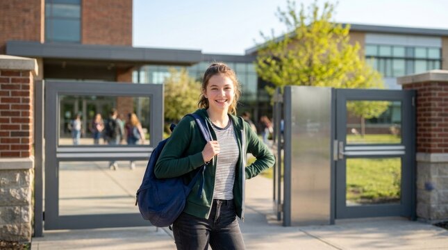 Smiling teenage girl with a blue backpack standing at the school gate. Happy high school student arriving at campus on a sunny morning