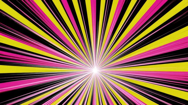 Energetic starburst of pink, yellow, and black lines radiating from a bright white center
